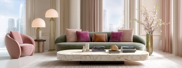 luxury Italian modern living room with curved furniture, marble floor, soft pink and olive tones