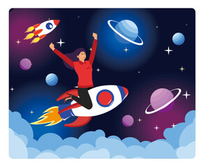 Naklejka premium Imagination Concept. Excited Woman Riding a Rocket Through Outer Space.