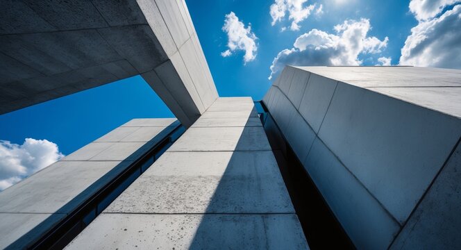 Modern Architecture. Concrete Structures Against a Blue Sky with White Clouds.