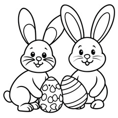 Two adorable easter bunnies with decorated eggs in black and white outline
