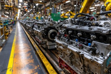 Fototapeta premium Row of engines sit on a conveyor belt in a blurred, bustling industrial setting, a yellow robot arm waits above