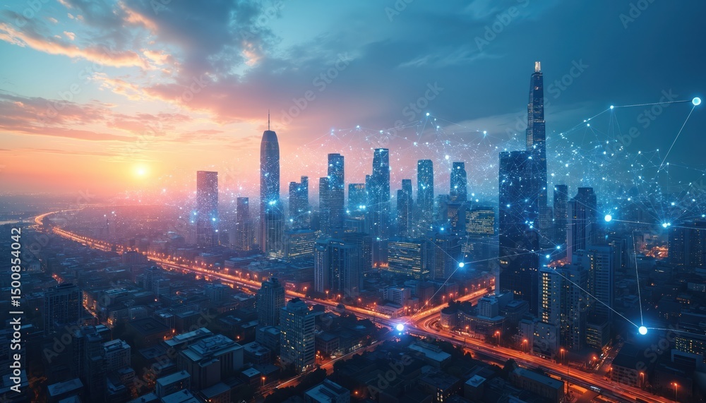 Poster Aerial view of cityscape with connected dots, lines overlay. Digital network over skyline. City buildings connect to data streams representing communication. Tech, data, global network, finance,