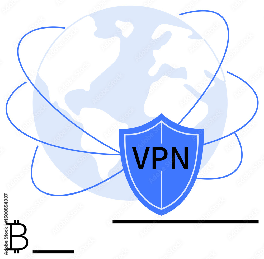 Poster blue shield marked vpn over a globe with orbit lines and bitcoin elements. ideal for cybersecurity, 