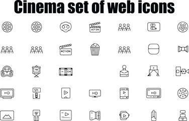 Cinema set of web icons in line style. Movie and Film linear icon collection. Containing video, movie theater, 3d, vr, popcorn, ticket, director, soundtrack and more.