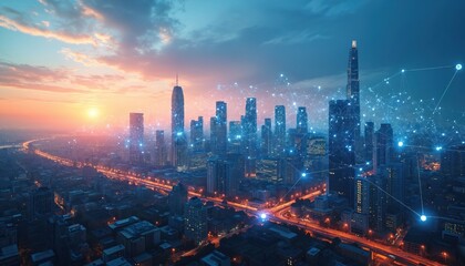 Aerial view of cityscape with connected dots, lines overlay. Digital network over skyline. City buildings connect to data streams representing communication. Tech, data, global network, finance,
