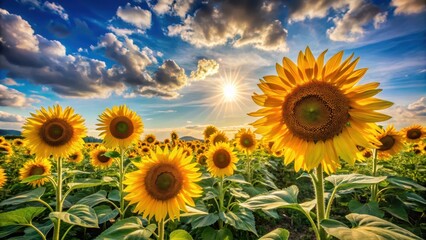 Sunlit Sunflower Field at Sunset Vibrant Yellow Blossoms Basking in Golden Hour Light