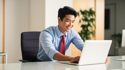 Fototapeta premium Young Professional Smiling While Working on Laptop in Bright Office Space