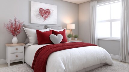 modern romantic bedroom with heart-shaped pillows, soft red accents, abstract heart wall art 