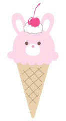 かわいいうさぎのアイスクリームのベクターイラスト。チェリー、ホイップ、デザート