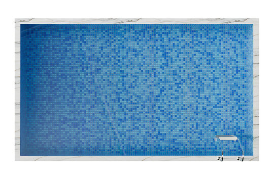 Top view of a rectangular swimming pool featuring vibrant blue mosaic tiles. The pool is isolated against transparent background, showcasing its sleek design and smooth surface