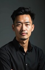 Obraz premium Portrait of Asian man in black shirt against gray background. Confident businessman, pro, executive. Perfect for corporate materials. Modern photo, high quality, with soft light, perfect for