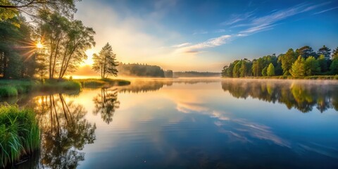 Serene Sunrise Over a Misty Lake with Trees Mirrored in Calm Waters