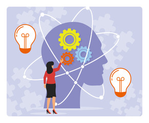 Idea brainstorming concept. Woman holds a big gear near big brain and light bulb.
