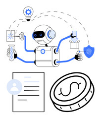 Fototapeta na wymiar Robot conducting data analysis, processing biometrics, handling documents, managing tasks, and money. Ideal for AI, automation, innovation, tech solutions finance security and simple landing page