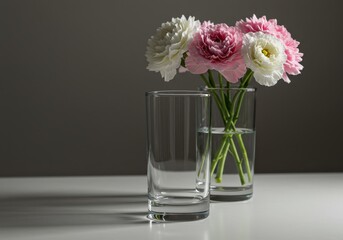 Realistic Photo Of Flowers in a Glass Vase on White Table with Light and Shadow
