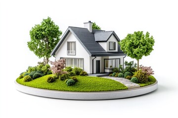 Miniature house on a circular grassy island