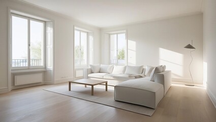 Fototapeta premium Serene Living: A Bright, Minimalist Space with Natural Light and White Décor