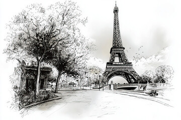 A detailed sketch of the Eiffel Tower, capturing its iconic structure and beauty