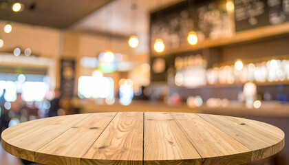 Empty Round Wooden Table in Blurred Restaurant Setting