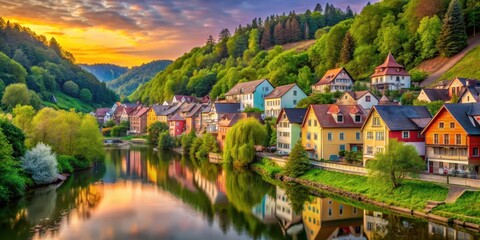 Fototapeta premium Serene Sunset Over Picturesque Riverfront Village with Colorful Houses and Lush Green Hills