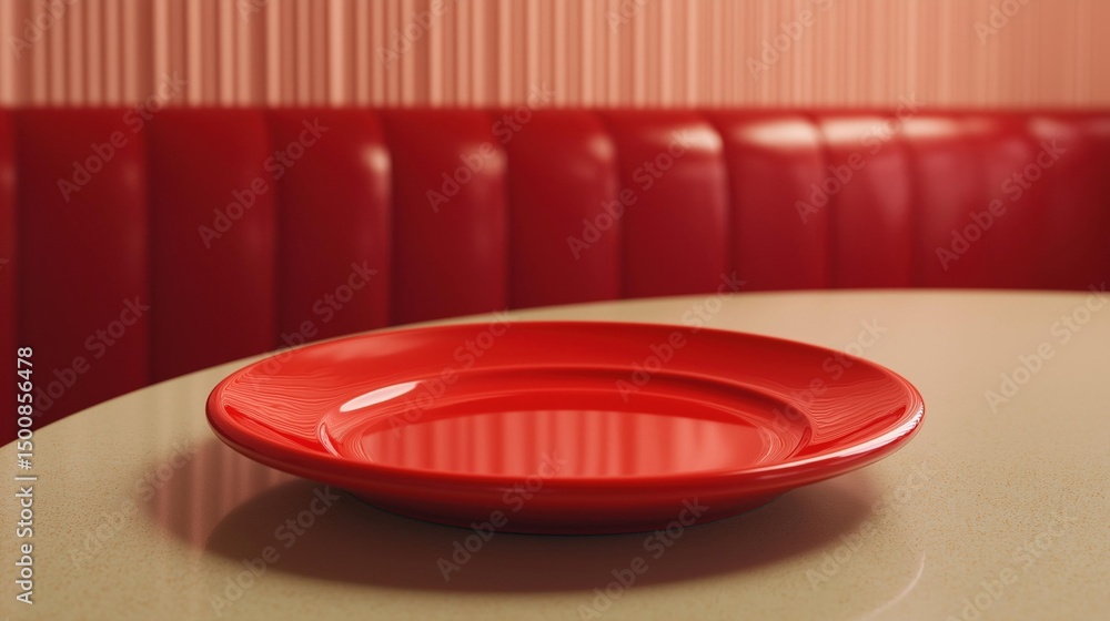 Poster red plate on a beige table. the plate is empty and is placed in the center of the table. it is round
