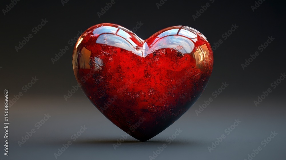 Poster red heart object sits against a dark backdrop, casting soft shadows on the surface below