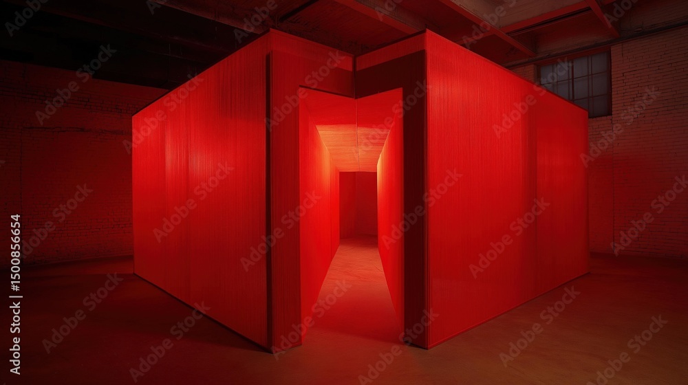Poster empty room with a red brick wall on one side and a wooden floor on the other. in the center of the r