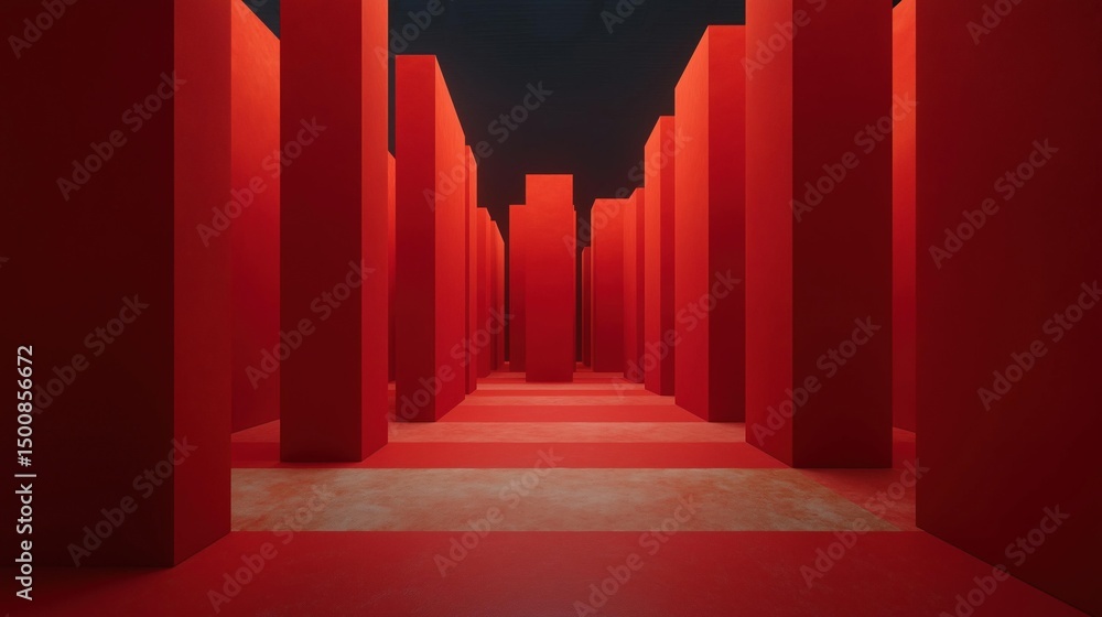 Poster long, narrow corridor with multiple red pillars on either side. the pillars are arranged in a straig