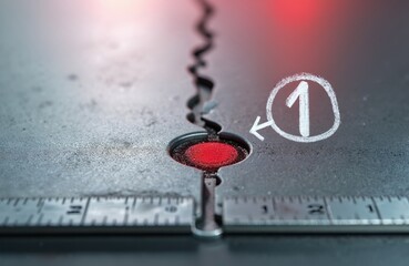 Close-up photo butt weld carbon steel plate. Red crack indication at round hole. Quality control, destructive test of weld joint, material engineering concept. Industrial background.