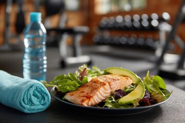Healthy post-workout meal grilled salmon, salad, & water, alongside weights in a gym setting