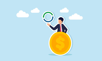 Businessman emerging from behind dollar coin showing continuous icon illustration of business company cash flow circulation