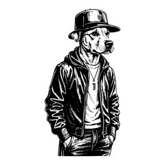 Pitbull dog dressed rapper engraving black and white outline. Scratch board imitation.  illustrated in vintage line art style on a white background.