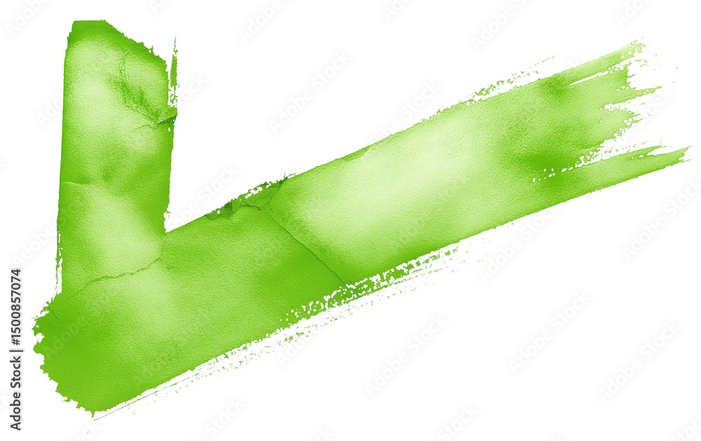 Poster bright green check mark with textured brushstroke design, isolated on transparent background, symbol