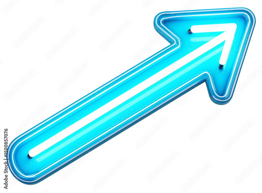 Poster curved neon blue arrow with glowing edges, isolated on transparent background, emits vibrant and ene