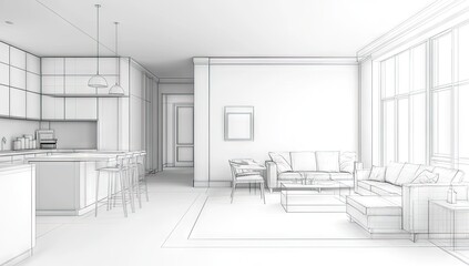 Interior architectural sketch, open-plan living space