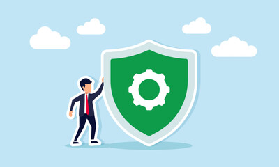 Businessman Standing Beside Shield with Gear Symbol Illustration of Business System Security
