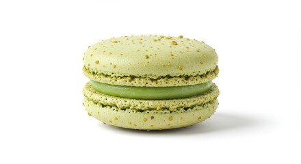 Single Pistachio Macaron Isolated on White with Green Filling Dessert Photo