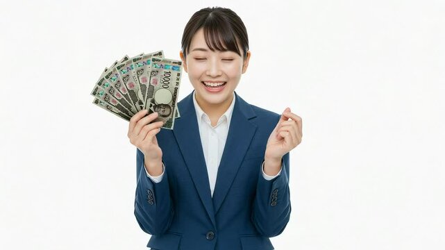 白い背景。スーツ姿の若い女性が、札束を持って喜んでいる