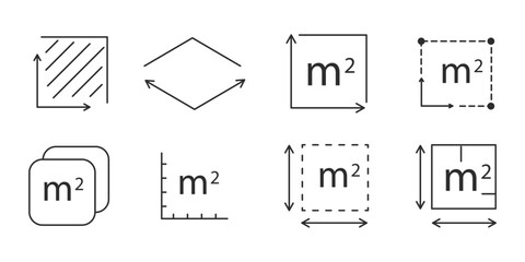 Square meter icon line quantity area, m2 measuring area sign symbol. Simple territory measurement. Flat area square meter.