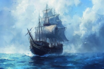 Obraz premium Old Ships. Oil Painting of Sailing Ships on the Sea, Fisherman and Nautical Vessels in Ocean Landscape