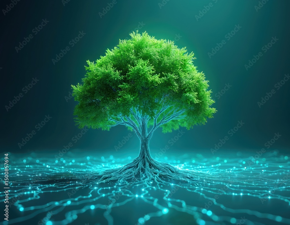 Aufkleber Illustration new tech startup concept. Green tree grows from network of data, tech-tree connects with digital web. Represents eco-friendly tech, internet, innovative business idea, future growth.