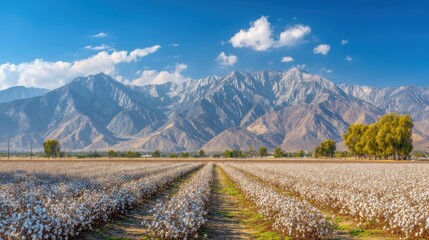 Obraz premium Cotton fields stretch toward majestic, hazy mountains under a clear, blue sky dotted with scattered clouds