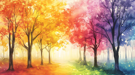 Watercolor painting of autumn trees with bright colors. Abstract paint autumn background.
