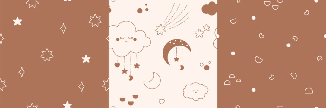 Fototapeta A set of four minimalistic children's patterns.. The repeated images contains colored elements, twigs, raindrops, rainbows and different shapes.