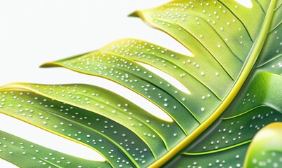 Tropical leaf detail, vibrant green, white dots, isolated, nature background, design element