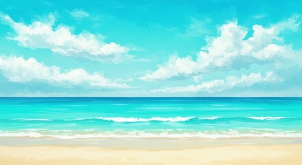 Fototapeta premium Watercolor Illustration of Beach Scene with Blue Ocean Waves and Sandy Shore