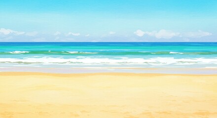Obraz premium Watercolor Illustration Of Sandy Beach Sea And Blue Sky On A Sunny Day