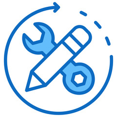 Skill Development - Blue Fill Outline Icon - Pencil and wrench in motion circle, showing continuous improvement and skill building