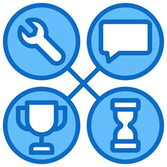 Career Milestones - Blue Fill Outline Icon - Connected circles showing skills, speech, trophy, and hourglass—symbolizing key career growth stages