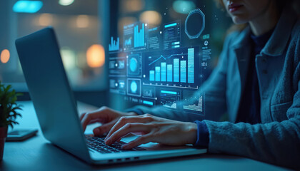 Woman analyst working on laptop with KPI indicators, digital marketing analysis. Data management, business analytics system, report with KPI, metrics connected to database. Successful business